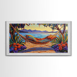 Hammock Lake, Relax, Peace, Framed Canvas Print tropical lakeside retreat artwork, relaxing boho bedroom art, beachy summer decor