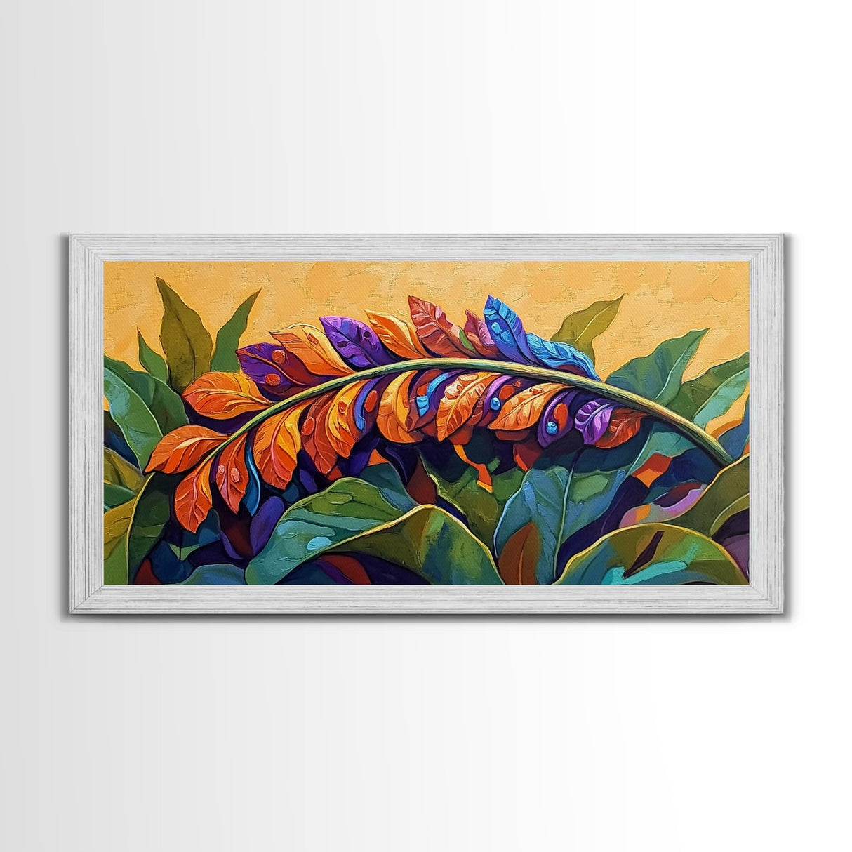 Tropical Leaves, Bright, Fall, Framed Canvas Print, botanical fall wall art, colorful boho tropical leaves painting, kitchen home decor