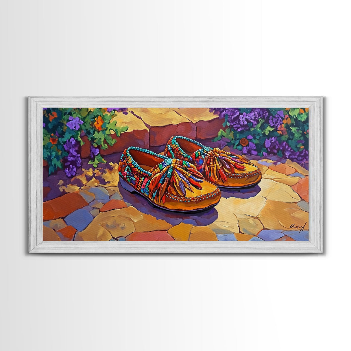 Colorful Moccasins, Boho, Style, Framed Canvas Print, vibrant moccasin shoes, Boho Decor, Bedroom Wall Art, Southwestern art
