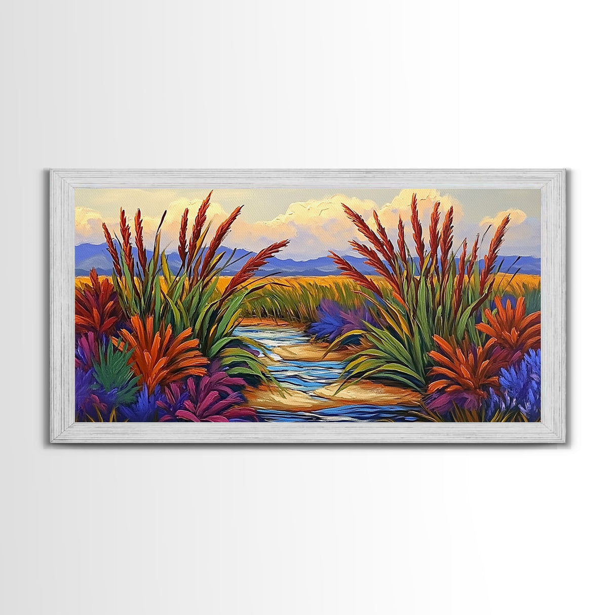 Marsh Grassland, Sunset, Scene, Framed Canvas Print rustic farmhouse art, colorful Fall wall decor, bedroom landscape canvas