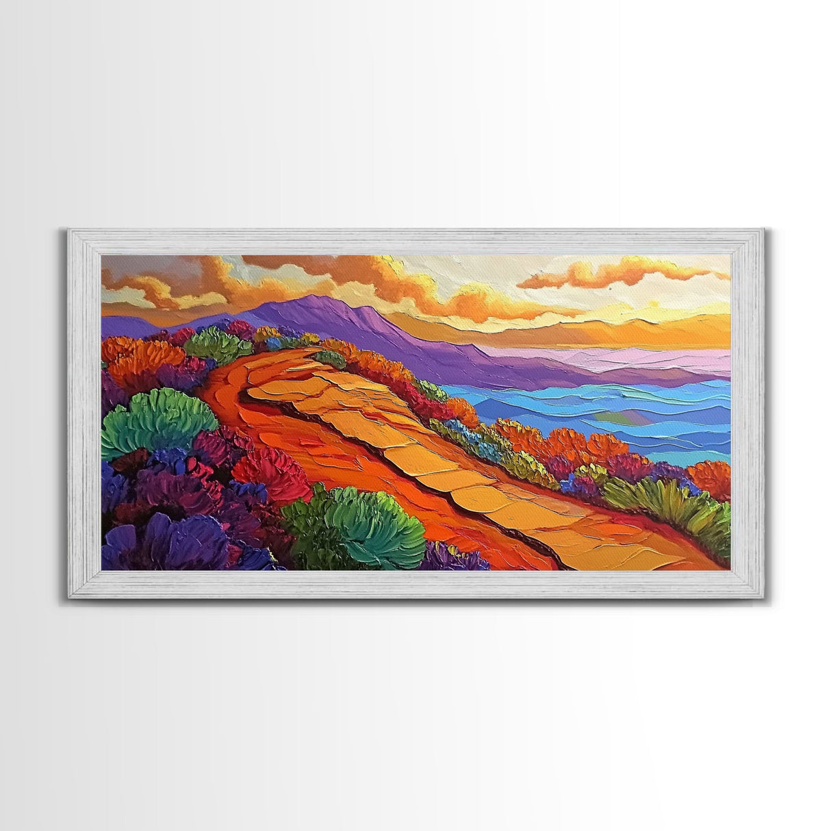 Pathway Mountain, Trail, Sunset, Framed Canvas Print adventure lovers gift, hiking trail art, colorful landscape wall decor