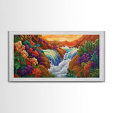 Sunset Waterfall, Vibrant Jungle, Tropical Landscape, Framed Canvas Print, Boho Wall Art, Bathroom or Bedroom Decor, Nature Painting