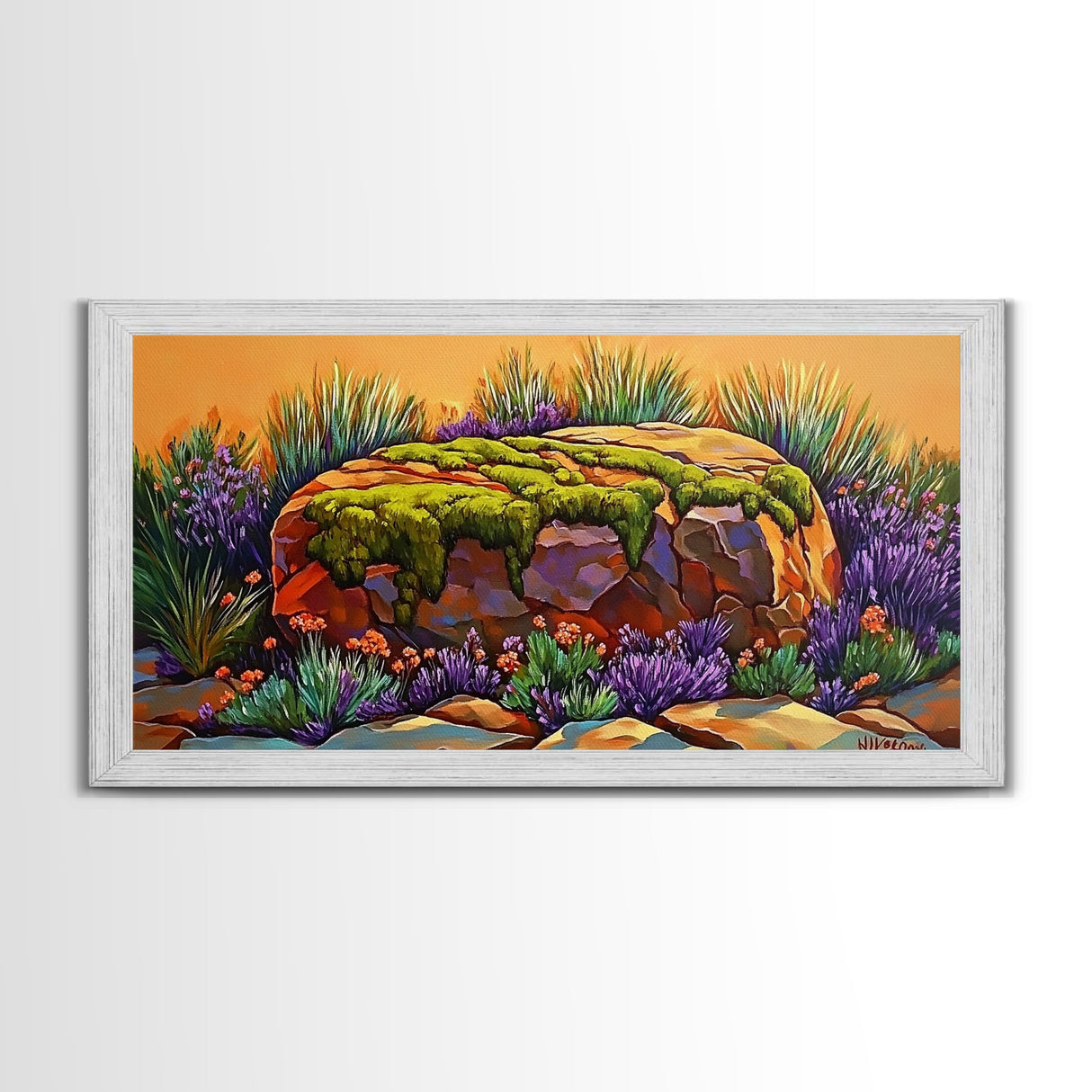 Moss Rock, Desert Garden, Sunset Stone, Framed Canvas Print, Rustic Wall Art, Kitchen or Bathroom Decor, Desert Botanical Artwork