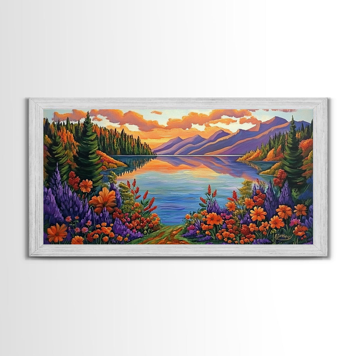Mountain Lake, Sunset Reflection, Wildflower Meadow, Canvas Print, Vibrant Nature Art, Living Room or Cabin Wall Decor