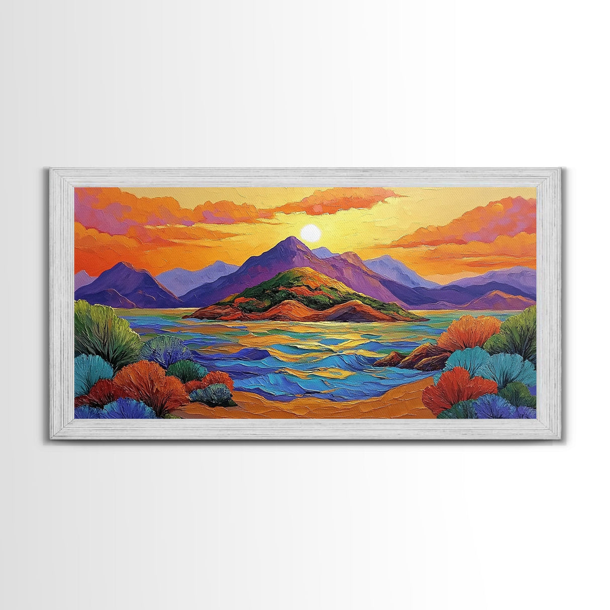 Island Sunset, Mountain Horizon, Ocean Glow, Framed Canvas Print, Bold Wall Art, Bedroom or Office Decor, Tropical Paradise Painting