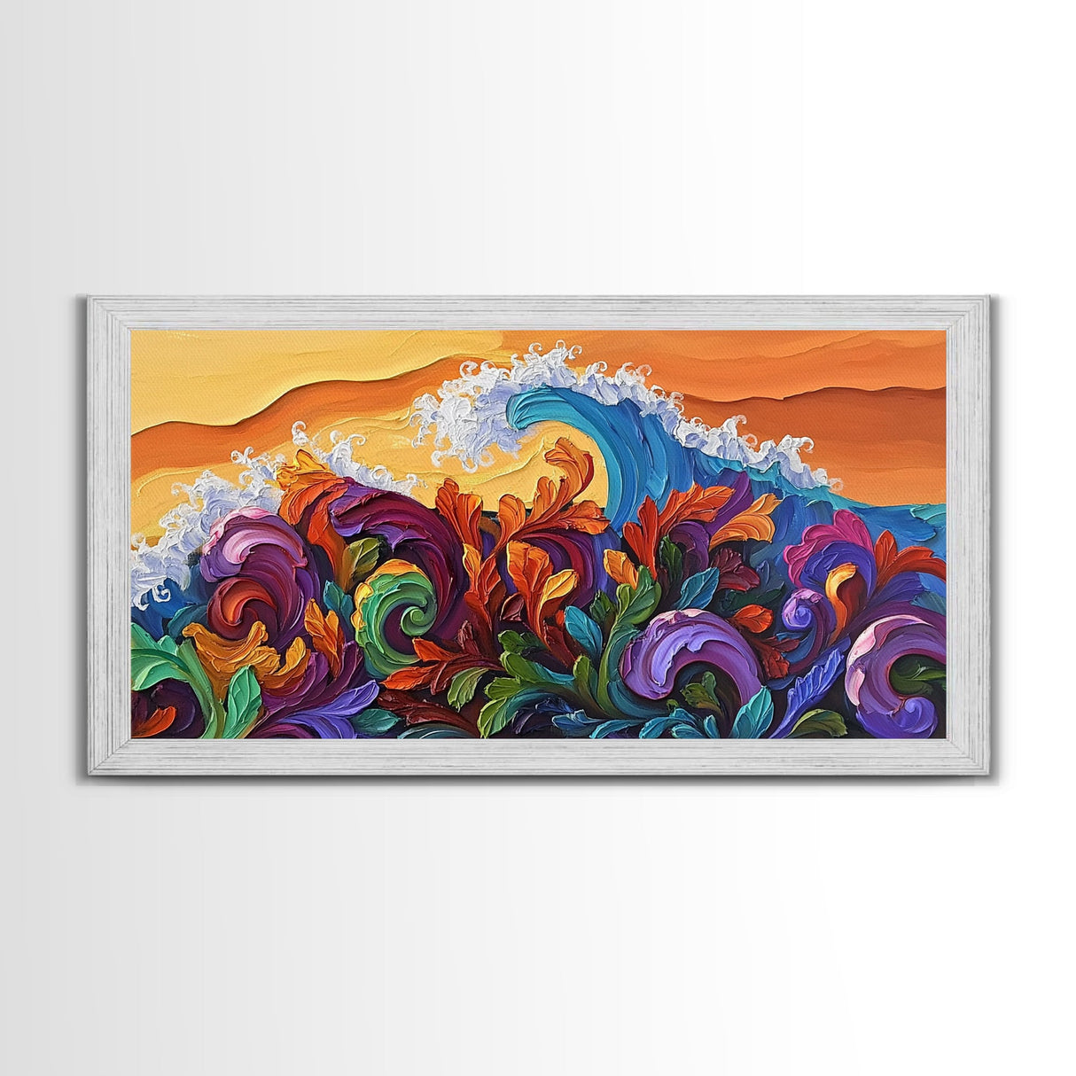 Abstract Wave, Tropical Swirl, Sunset Motion, Framed Canvas Print, Colorful Modern Wall Art, Living Room Decor, Bold Ocean Art