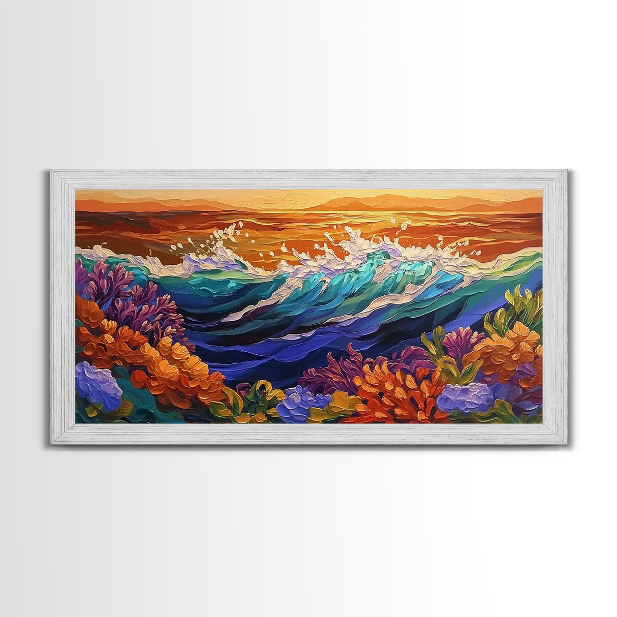 Ocean Bloom, Sunset Surf, Tropical Waves, Canvas Print, Vibrant Coastal Wall Art, Beach House Decor, Colorful Seascape Painting