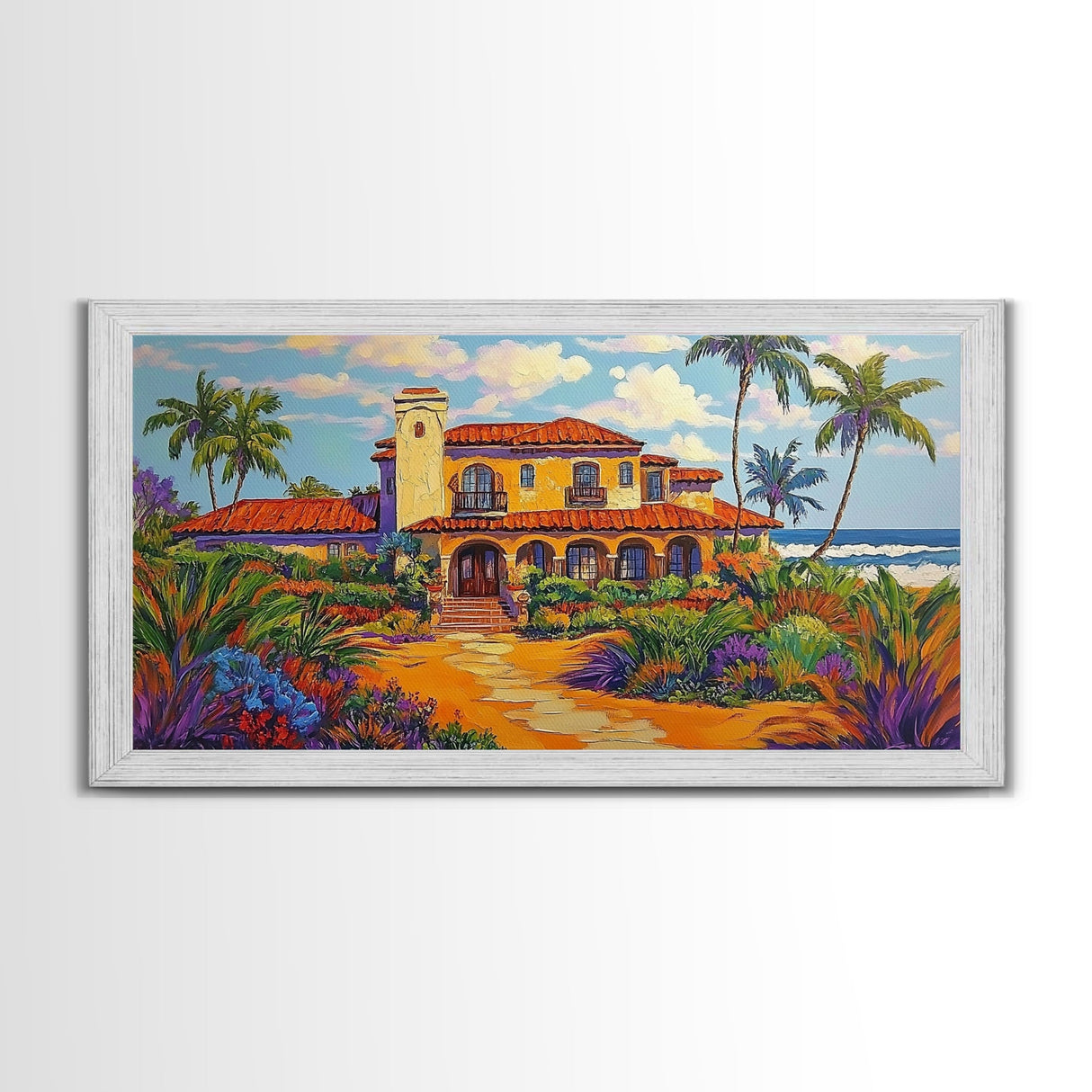 Tropical Villa, Palm Trees, Coastal, Framed Canvas Print, Spanish beach house art perfect Dining Room Wall Art or Vacation Home Decor