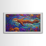 Otter River, Flowers, Playful, Framed Canvas Print, whimsical animal wall art, nursery decor, boho kids room artwork, cheerful vibe