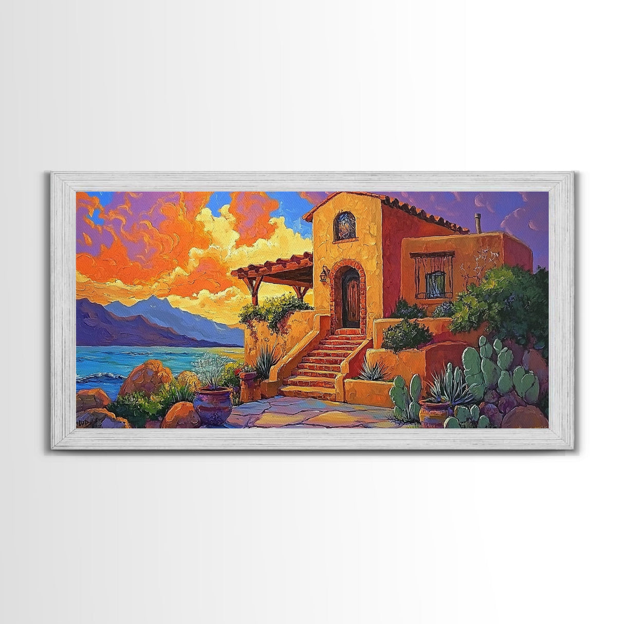 Desert Adobe, Sunset, Southwest, Framed Canvas Print, southwestern home art, rustic decor, living room wall art, fall adobe style