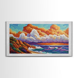 Clouds Ocean, Sunset, Dreamy, Framed Canvas Print, whimsical seascape, vibrant wave art, living room decor, beach wall art