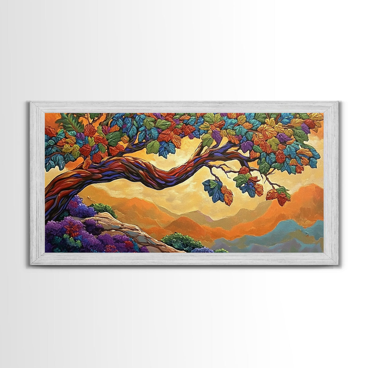 Tree Autumn, Leaves, Branches, Framed Canvas Print, foliage fall decor, mountain wall art, boho style living room, nature painting
