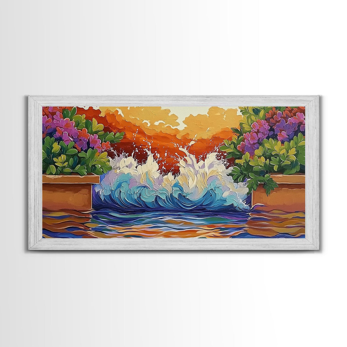Splash Ocean, Garden, Patio, Canvas Print, bold wave crashing, vibrant tropical garden wall art, outdoor decor, boho coastal style