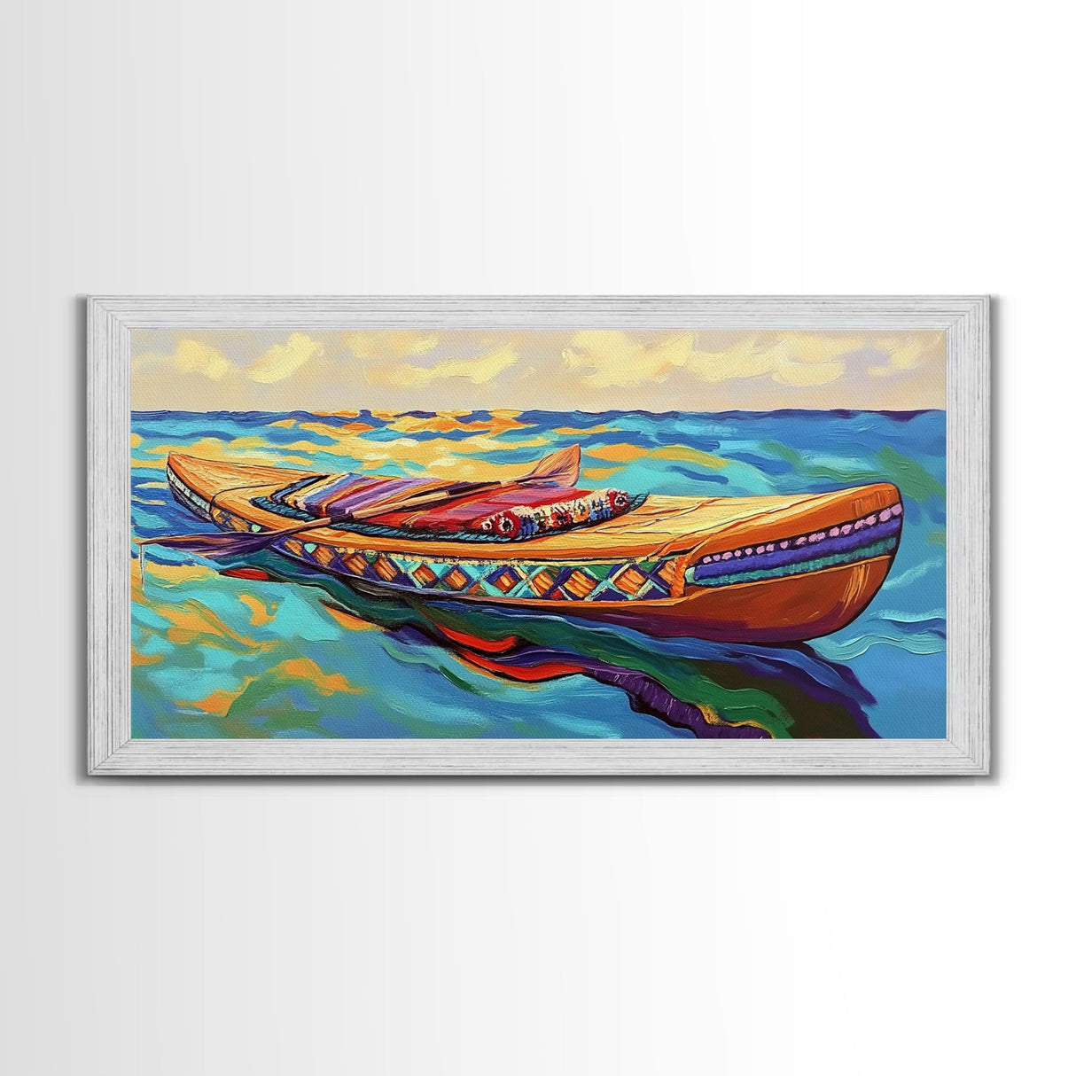 Canoe Water, Colorful, Tribal, Canvas Print, boho kayak art, nautical decor, beach house wall art, rustic folk painting, summer vibe