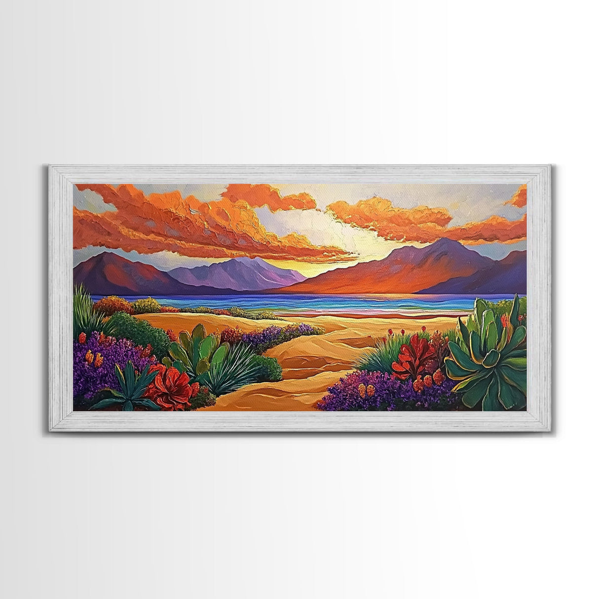 Sunset Desert, Mountains, Canvas Print, Vibrant desert landscape art with sunset sky and mountains, perfect Living Room Wall Art