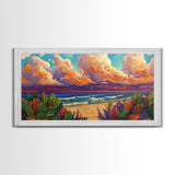 Tropical Beach, Clouds, Canvas Print, Colorful coastal beach artwork with dramatic clouds and waves, Bathroom Wall Art, coastal style