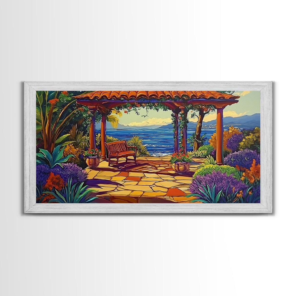Garden Ocean View, Terrace, Framed Canvas Print, Serene garden bench by the ocean with colorful flowers, perfect Living Room Wall Art