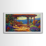 Garden Ocean View, Terrace, Framed Canvas Print, Serene garden bench by the ocean with colorful flowers, perfect Living Room Wall Art