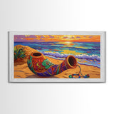 Horn Sand, Sunset, Shore, Framed Canvas Print boho beach decor, living room Mexican art, coastal horn painting, rustic folk art