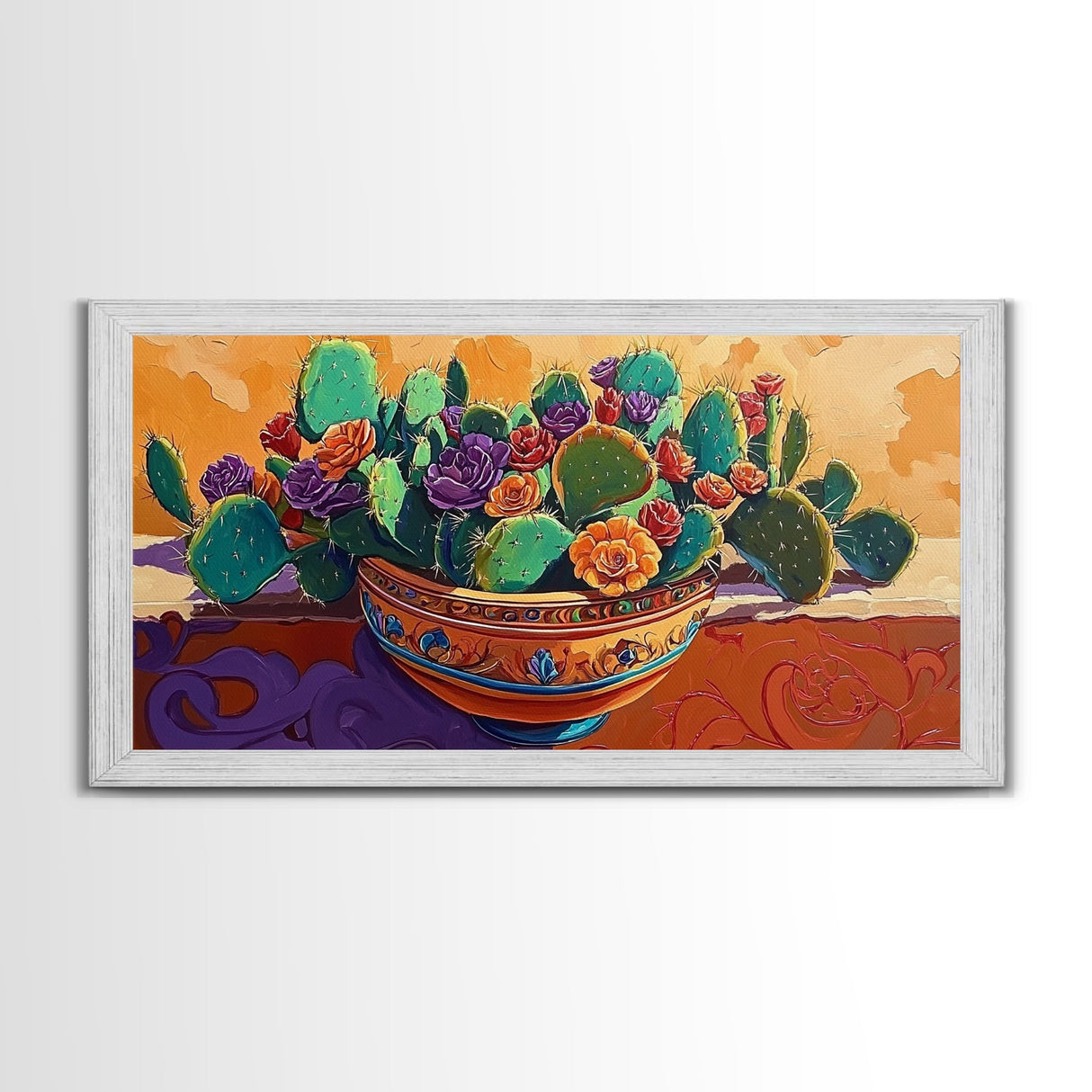 Cactus, Succulent, Pottery, Flowers, Canvas Print southwestern kitchen wall art, vibrant decor, colorful succulent painting