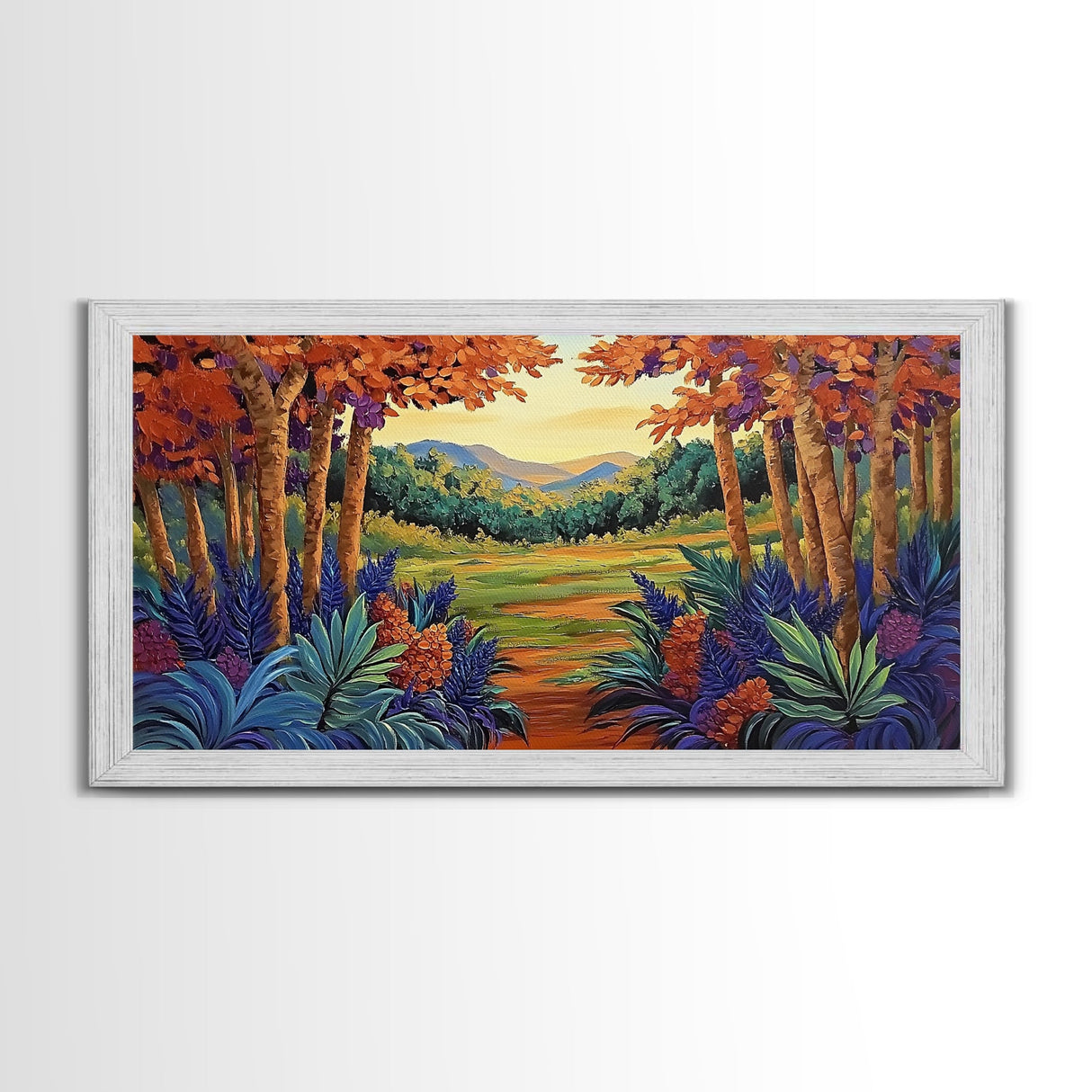 Forest Fall, Colorful, Leaves, Framed Canvas Print bold woodland foliage design, vibrant autumn landscape art, hallway wall accent