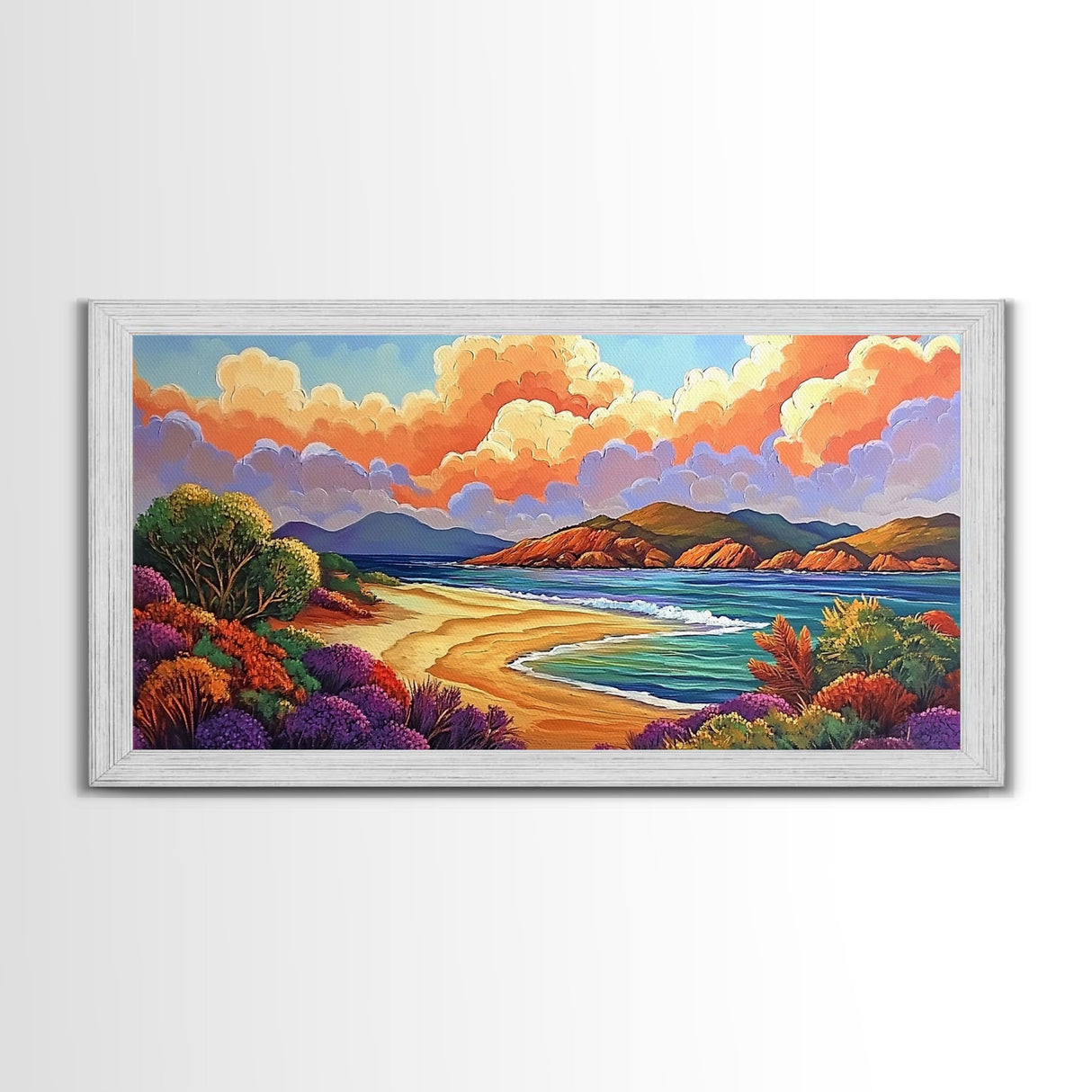 Beach Clouds, Coastal, Pastel, Framed Canvas Print soft tropical seascape painting, ocean view boho art, serene living room print