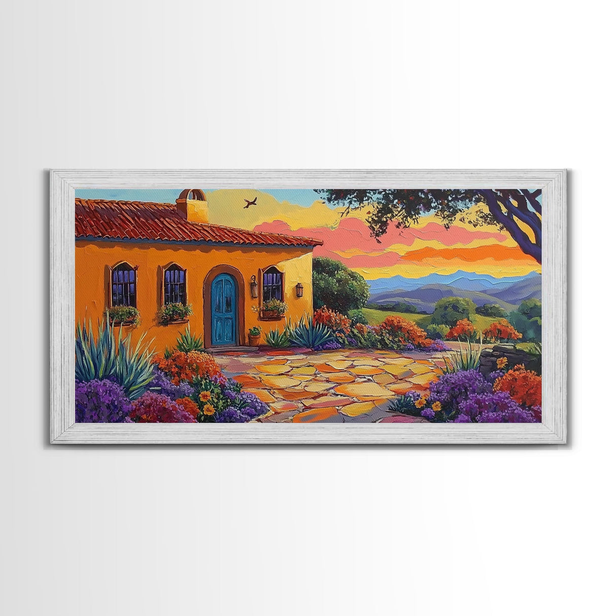 House Sunset, Garden, Southwest, Framed Canvas Print warm adobe home wall art, colorful southwestern sunset print, cozy kitchen decor