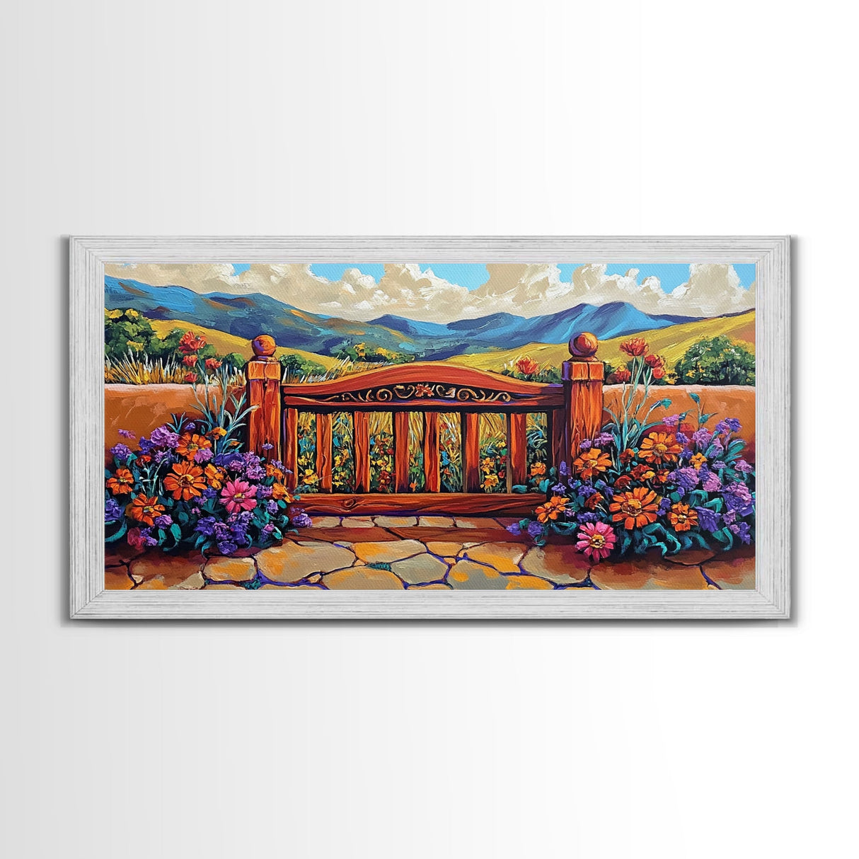 Gate Flowers, Mountains, Country, Framed Canvas Print rustic floral country gate art, bright farmhouse boho garden decor, patio print