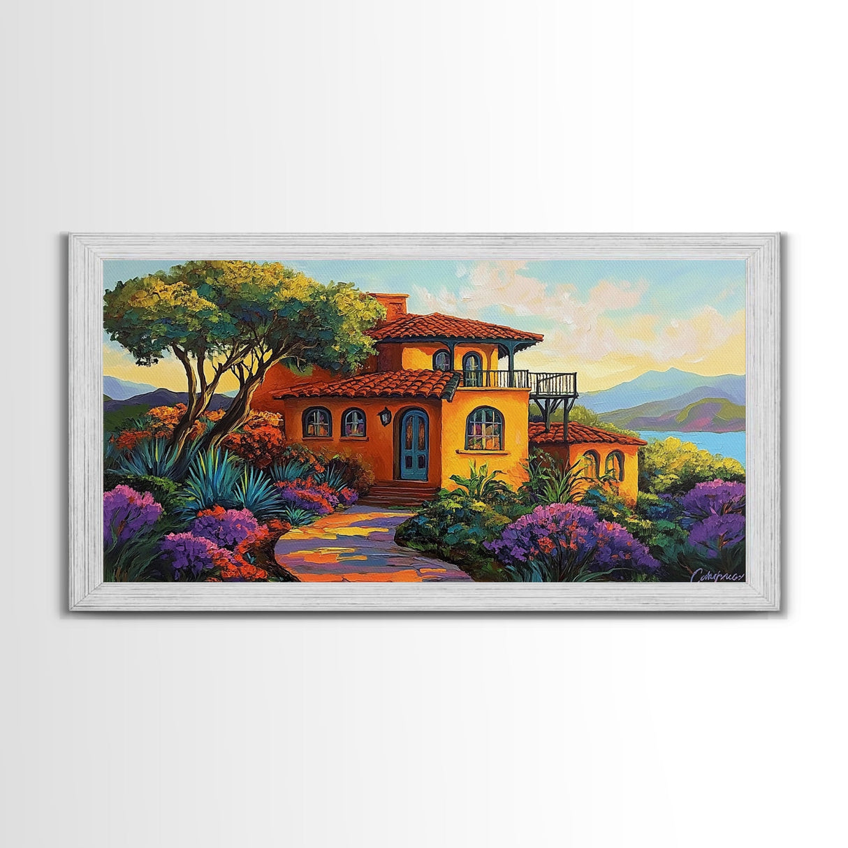 Villa Hillside, Coastal, Colorful, Framed Canvas Print Mediterranean house art, vibrant landscape painting, kitchen boho decor print