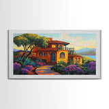 Villa Hillside, Coastal, Colorful, Framed Canvas Print Mediterranean house art, vibrant landscape painting, kitchen boho decor print