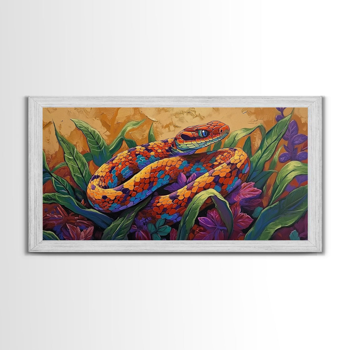 Colorful Snake, Nature, Framed Canvas Print, Jungle Reptile Wall Art, Tropical Home Decor, Bold Wildlife Art, Bedroom Accent, Boho Style