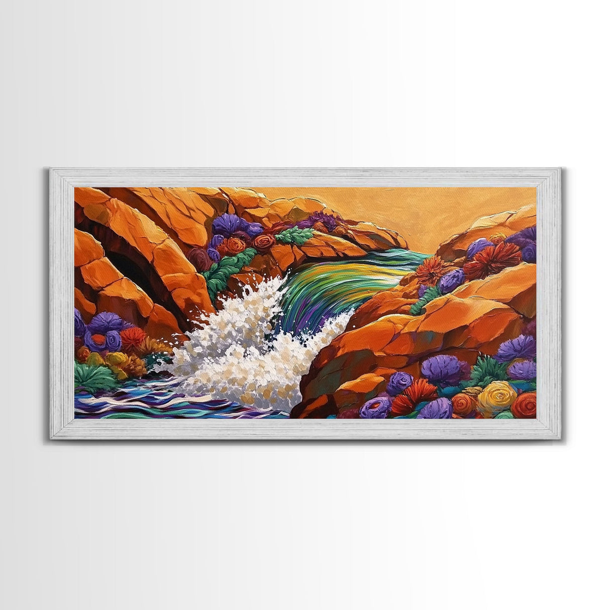 Waterfall Rocks, Flowers, Canvas Print, Colorful Nature Wall Art, Boho Earthy Decor, Vibrant Living Room Accent, Abstract Landscape Art