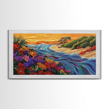 Wildflowers, Coastal Waves, Tropical Shore, Canvas Print, Floral Beach Art, Vibrant Living Room or Kitchen Wall Decor