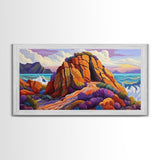 Ocean Cave, Rocky Coast, Lavender Brush, Framed Canvas Print, Bold Nature Wall Art, Vibrant Bedroom or Study Coastal Decor