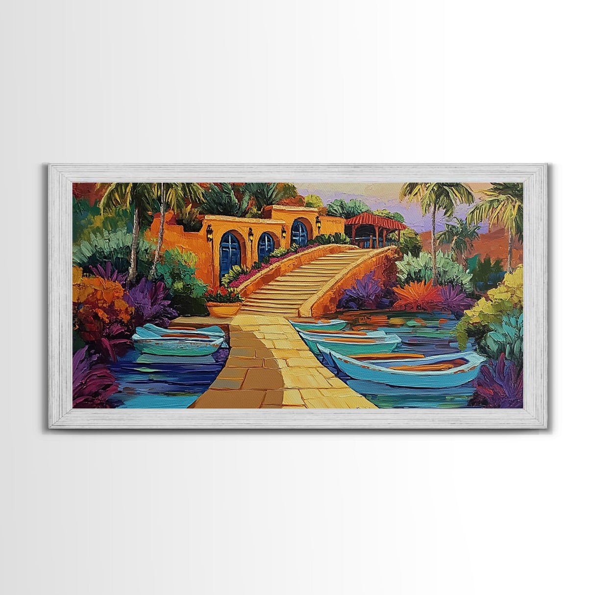 Tropical Boats, Colorful, Lagoon, Canvas Print, boats docked at tropical villa, Living Room Wall Art, vibrant coastal art, boho décor