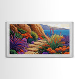 Floral Path, Coastal Trail, Ocean View, Framed Canvas Print, Bright Nature Wall Art, Vibrant Hallway or Kitchen Boho Decor