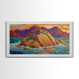 Island Sunset, Coastal Flowers, Ocean Rocks, Framed Canvas Print, Tropical Landscape Wall Art, Colorful Living Room Art, Entryway Decor
