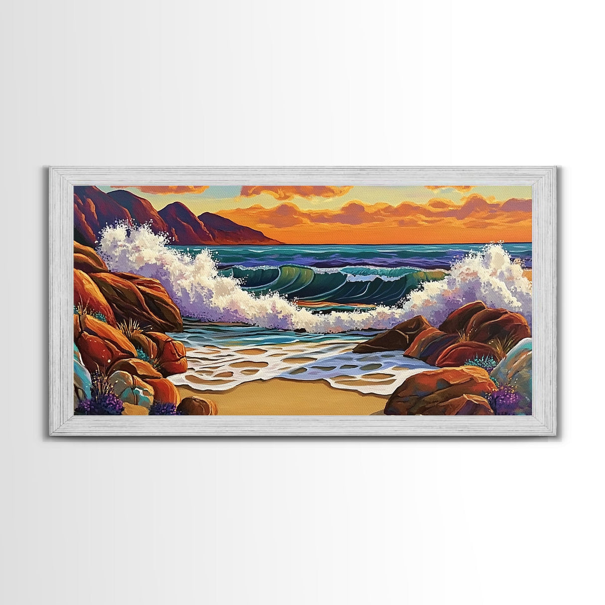 Sunset Surf, Crashing Waves, Coastal Mountains, Canvas Print, Vibrant Seascape Wall Art, Beach House Art, Bathroom Ocean Decor