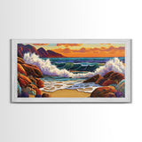 Sunset Surf, Crashing Waves, Coastal Mountains, Canvas Print, Vibrant Seascape Wall Art, Beach House Art, Bathroom Ocean Decor
