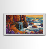 Cliffside Waterfall, Ocean Swirls, Sunset Tide, Framed Canvas Print, Nature Landscape Wall Art, Bold Boho Living Room Decor