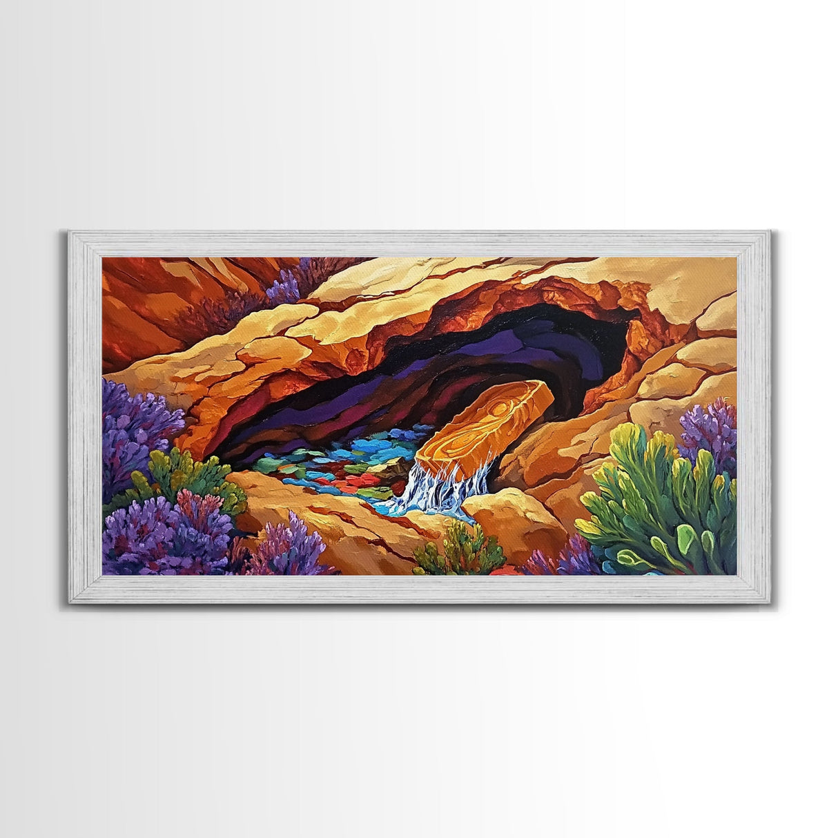 Desert Hidden, Oasis, Waterfall, Framed Canvas Print Nature-inspired boho landscape, colorful living room wall art, southwest decor
