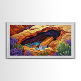Desert Hidden, Oasis, Waterfall, Framed Canvas Print Nature-inspired boho landscape, colorful living room wall art, southwest decor
