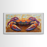 Crab Beach, Bold, Colorful, Coastal Sea Life Framed Canvas Print, Bathroom Wall Art, Nautical Art, Beach House Decor, Ocean Art