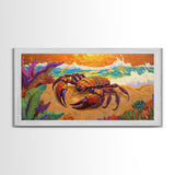 Lobster Beach, Vibrant, Framed Canvas Print, Nautical Coastal Art, Living Room Wall Decor, Tropical Lobster Painting, Bold Ocean Art