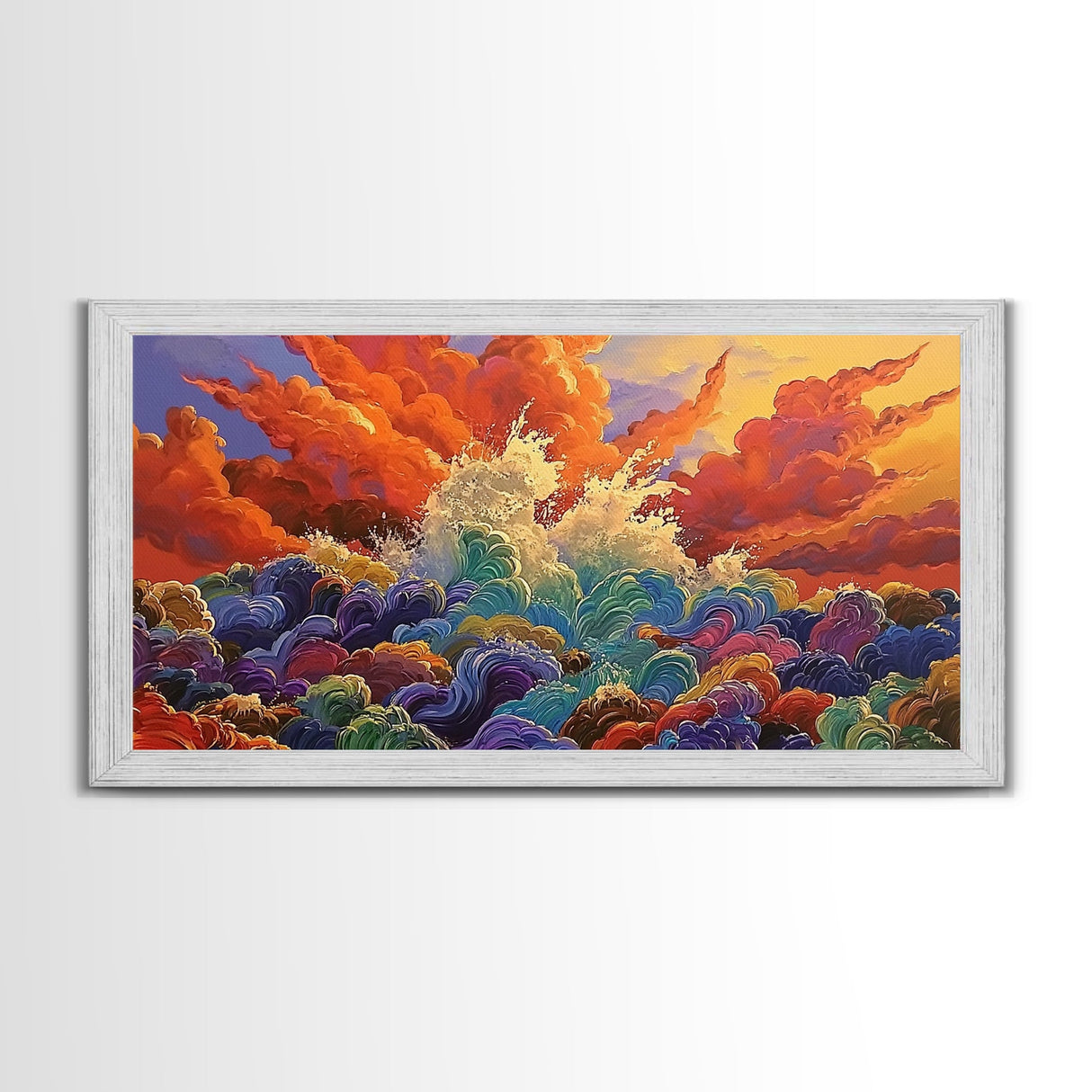 Waves Sunset, Abstract, Framed Canvas Print, Bold Ocean Explosion Art, Colorful Modern Wall Decor, Coastal Vibe Art Piece