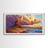 Sunset Clouds, Ocean, Cliffs, Framed Canvas Print, dramatic seascape art, Southwestern home decor, moody living room wall art