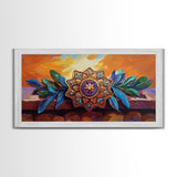 Mandala Sunset, Leaves, Ornament, Framed Canvas Print, spiritual boho wall decor, entryway wall art, zen home sacred symbol painting