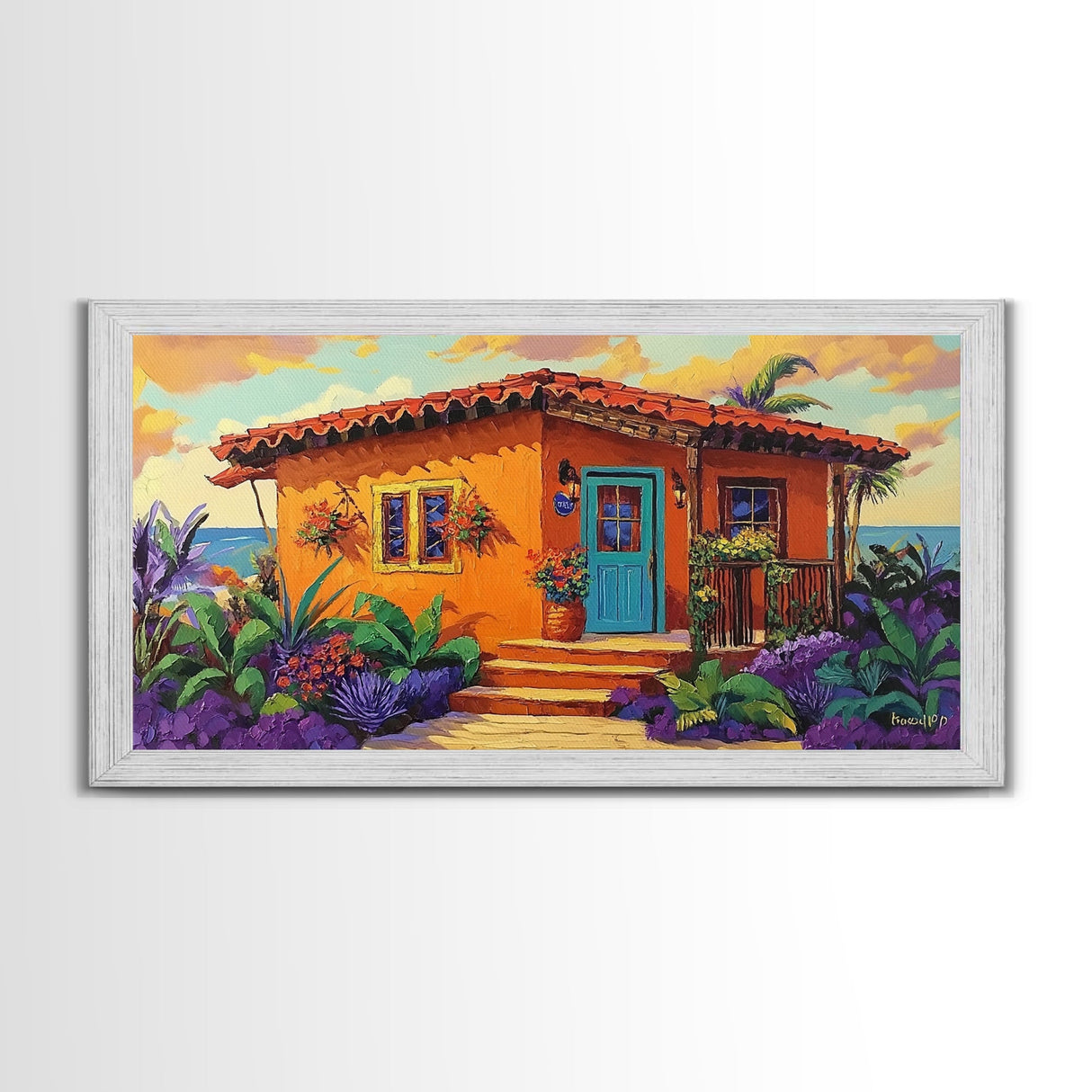 Casita Tropical, Sunset, Garden, Framed Canvas Print, Mexican villa painting, rustic kitchen decor, vibrant coastal house wall art