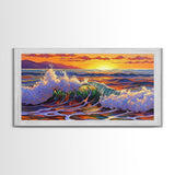 Wave Ocean, Sunset, Surf, Framed Canvas Print, tropical wave wall decor, surf boho art, vibrant beach bathroom or office wall art