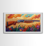 Shotgun Floral, Sunset, Western, Framed Canvas Print, rustic hunting cabin art, bold Americana decor, man cave or lodge wall print